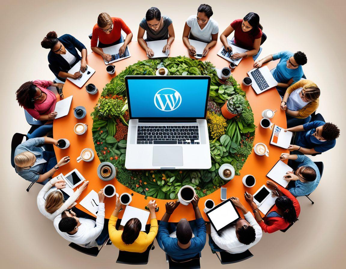 A diverse group of bloggers gathering around a large circular table, with laptops and coffee cups, passionately discussing ideas and sharing their screens. Icons of social media and platforms like WordPress and Medium floating above them, symbolizing connection and unity. A vibrant backdrop of a digital city skyline representing the blogging revolution. Super-realistic. Vibrant colors. 3D.