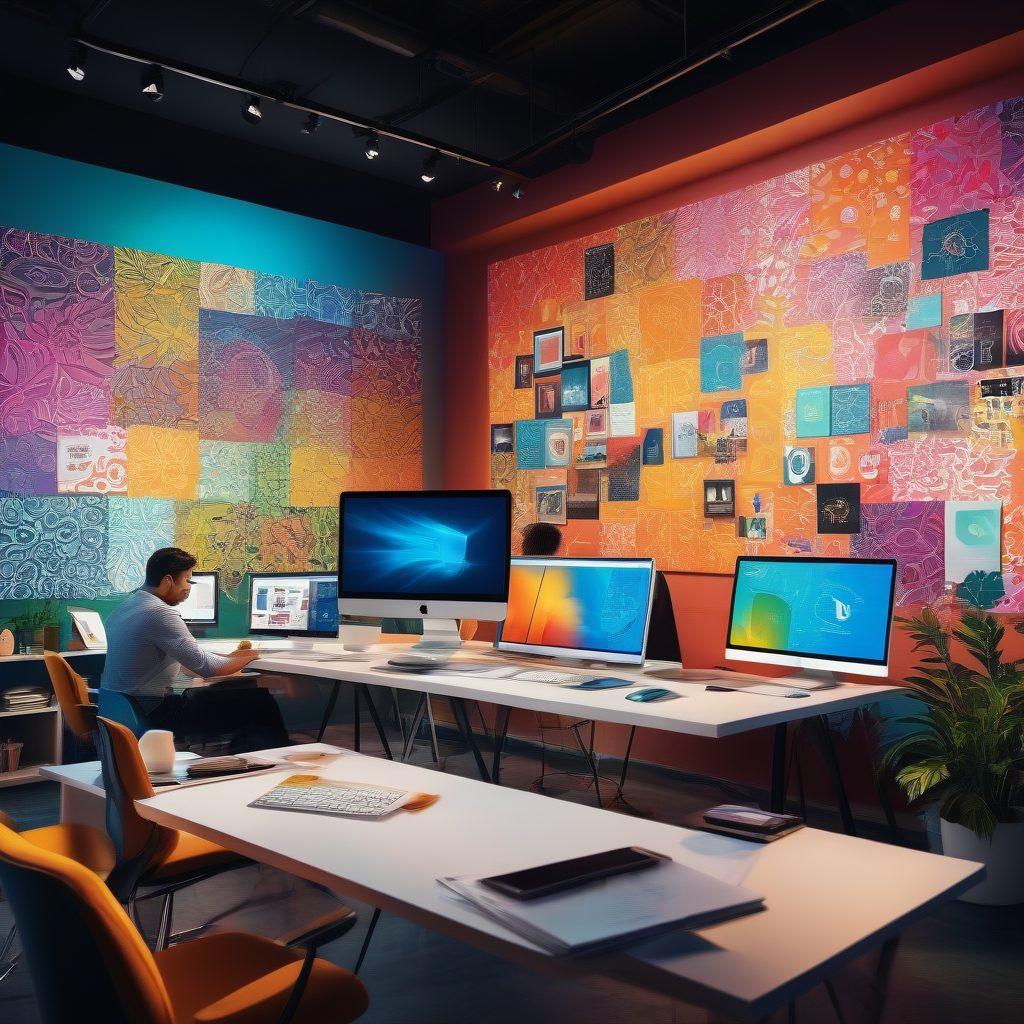 A dynamic and engaging digital workspace showcasing an array of interactive blogging tools, such as a colorful content editor, insightful analytics dashboard, and user-friendly design options. Include diverse people collaborating around a sleek computer, symbolizing creativity and innovation in content transformation. The background should be vibrant with abstract patterns invoking inspiration and growth. super-realistic. vibrant colors. modern design.