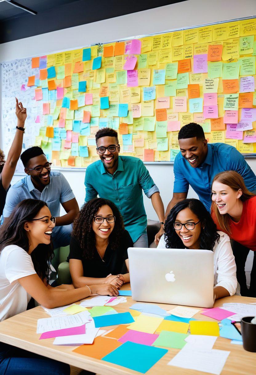 A vibrant group of diverse bloggers gathered around a large laptop, exchanging ideas and laughter. The scene includes colorful sticky notes and a whiteboard filled with creative strategies for blogging success. In the background, a glowing community map symbolizes connection and collaboration. Bright, inviting colors highlight the energy of online interaction. super-realistic. vibrant colors. 3D.